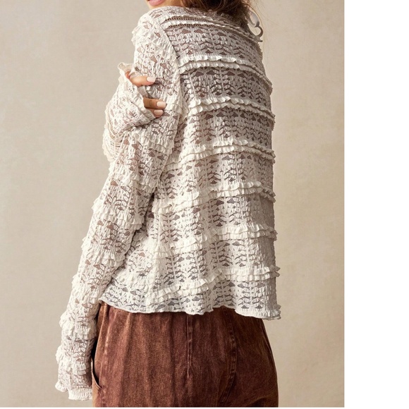 Boho Lace Front Tie Babydoll Long Sleeve Semi Sheer Blouse - Picture 3 of 6